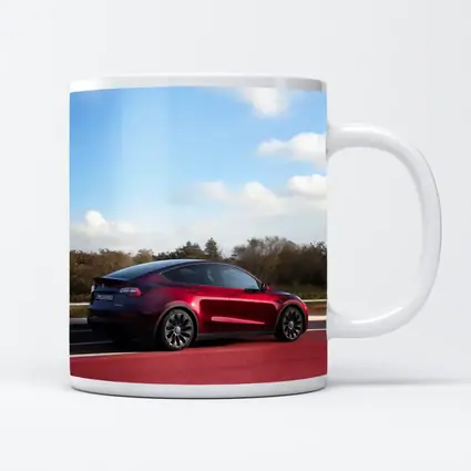 Tesla Model Y Red Street Blue Sky
