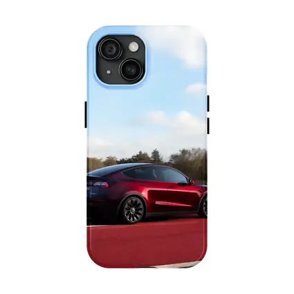 Tesla Model Y Red Street Blue Sky