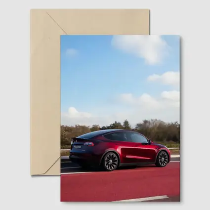 Tesla Model Y Red Street Blue Sky