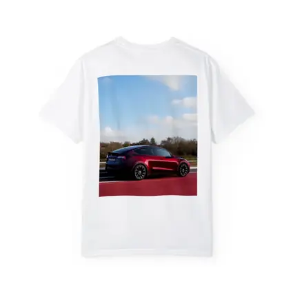 Tesla Model Y Red Street Blue Sky