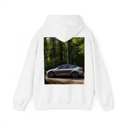 Tesla Model Y Silver Forest Road Side View