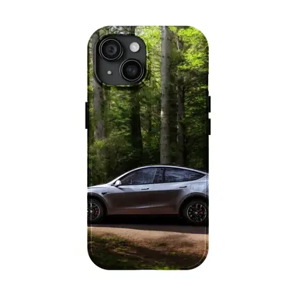 Tesla Model Y Silver Forest Road Side View