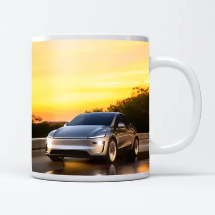Tesla Model Y Driving at Golden Sunset