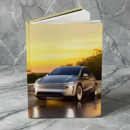 Tesla Model Y Driving at Golden Sunset