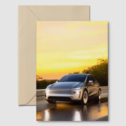 Tesla Model Y Driving at Golden Sunset