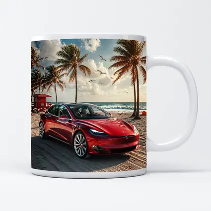 Tesla Model S Red Car Beach Palm Trees