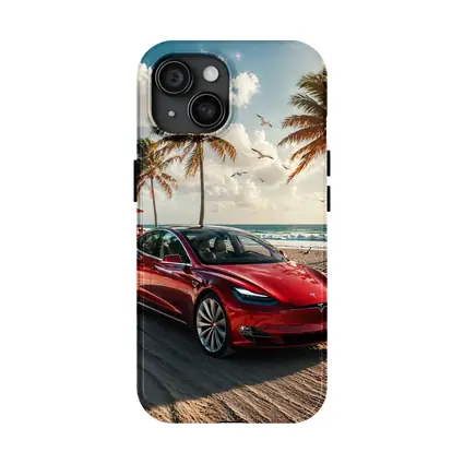 Tesla Model S Red Car Beach Palm Trees