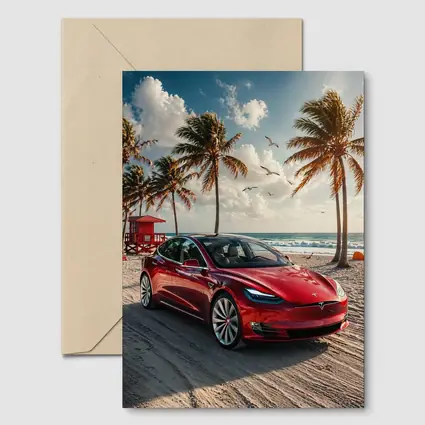 Tesla Model S Red Car Beach Palm Trees