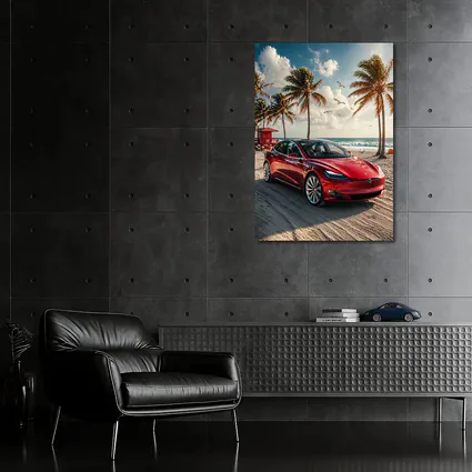 Tesla Model S Red Car Beach Palm Trees