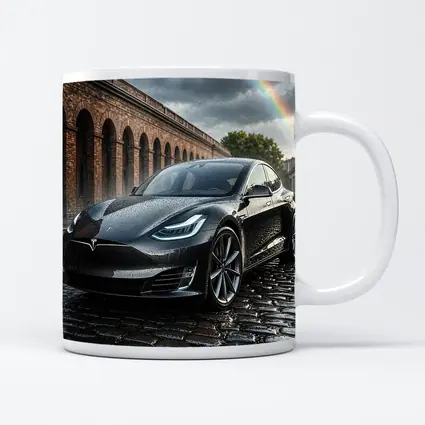 Tesla Model S Black Wet Cobblestone Street