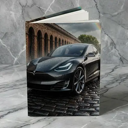 Tesla Model S Black Wet Cobblestone Street