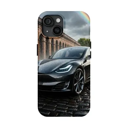 Tesla Model S Black Wet Cobblestone Street
