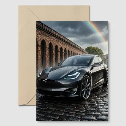 Tesla Model S Black Wet Cobblestone Street