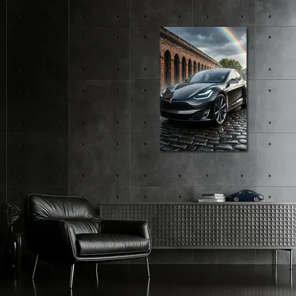 Tesla Model S Black Wet Cobblestone Street