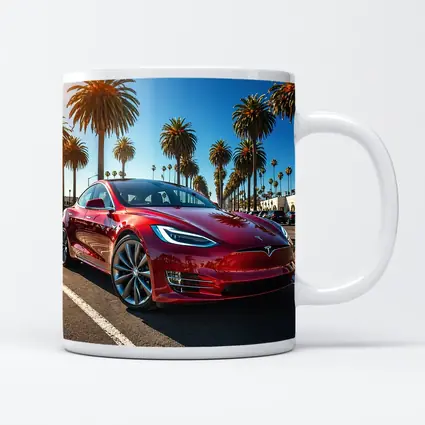 Tesla Model S Red Under Palm Trees