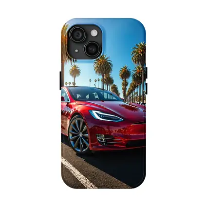 Tesla Model S Red Under Palm Trees