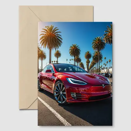 Tesla Model S Red Under Palm Trees