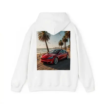 Red Tesla Model S Beach Palm Trees