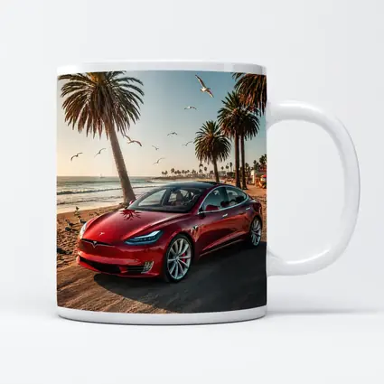 Red Tesla Model S Beach Palm Trees