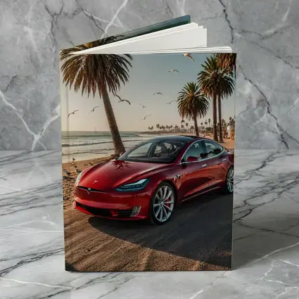 Red Tesla Model S Beach Palm Trees