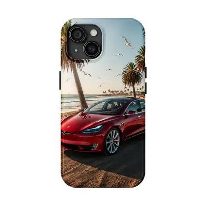 Red Tesla Model S Beach Palm Trees