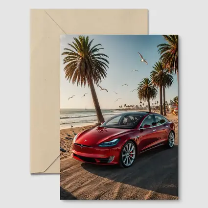 Red Tesla Model S Beach Palm Trees