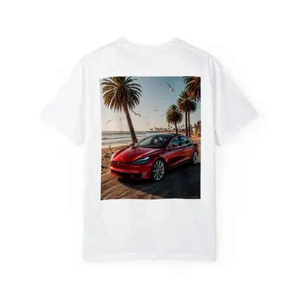 Red Tesla Model S Beach Palm Trees