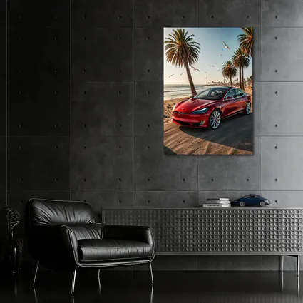 Red Tesla Model S Beach Palm Trees