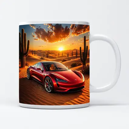 Tesla Roadster Red Car Desert Sunset