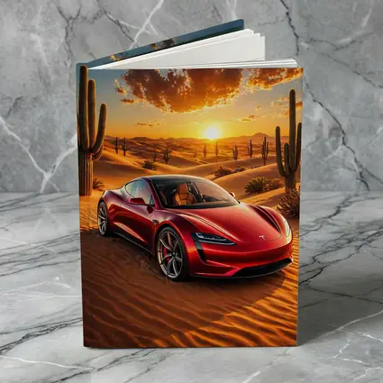 Tesla Roadster Red Car Desert Sunset