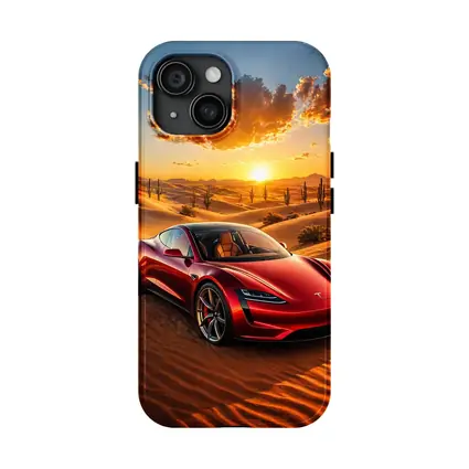 Tesla Roadster Red Car Desert Sunset