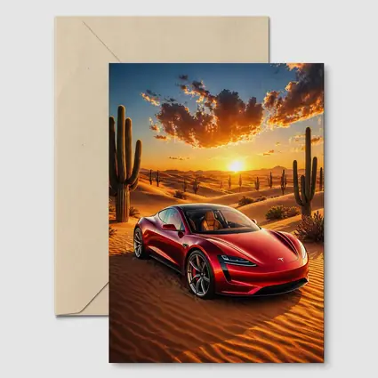 Tesla Roadster Red Car Desert Sunset
