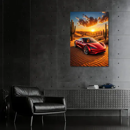 Tesla Roadster Red Car Desert Sunset