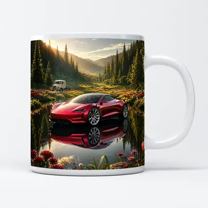 Tesla Roadster Red Reflection Mountain Lake