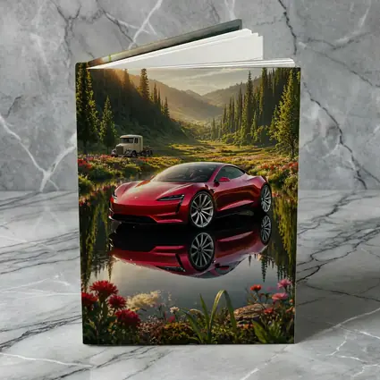 Tesla Roadster Red Reflection Mountain Lake