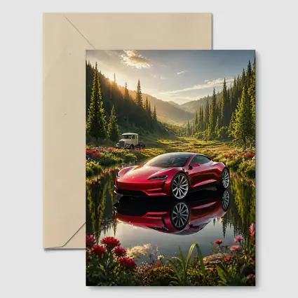 Tesla Roadster Red Reflection Mountain Lake