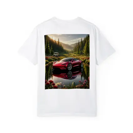 Tesla Roadster Red Reflection Mountain Lake