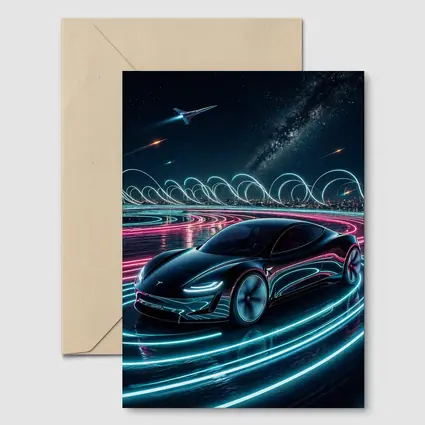 Tesla Roadster Neon Light Trails Night Sky