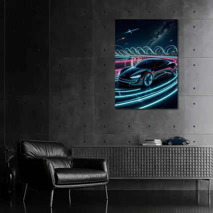 Tesla Roadster Neon Light Trails Night Sky