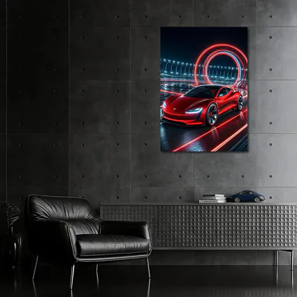 Tesla Roadster Red Neon Racing Track Night