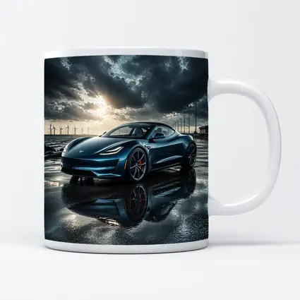 Tesla Roadster Wet Pavement Dramatic Cloudy Sky