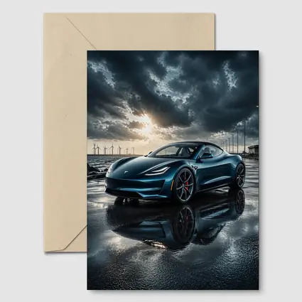 Tesla Roadster Wet Pavement Dramatic Cloudy Sky