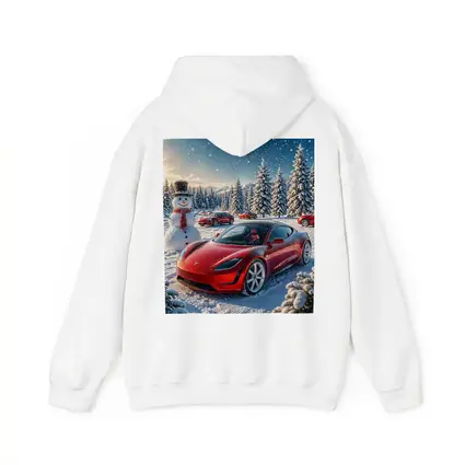 Tesla Roadster Red Car Snowy Winter Scene