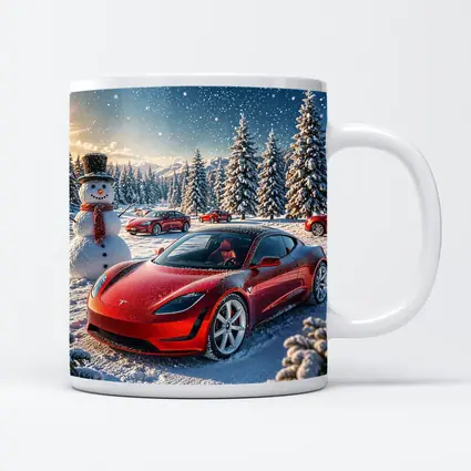 Tesla Roadster Red Car Snowy Winter Scene