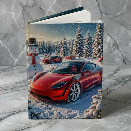 Tesla Roadster Red Car Snowy Winter Scene