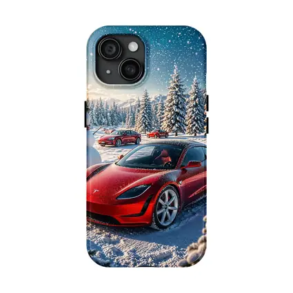 Tesla Roadster Red Car Snowy Winter Scene