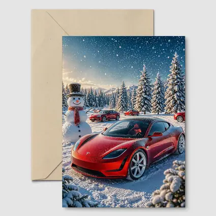 Tesla Roadster Red Car Snowy Winter Scene