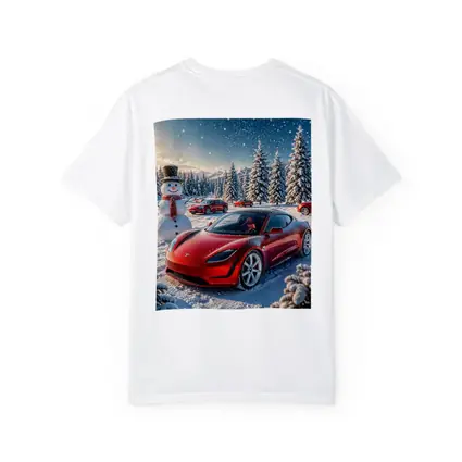 Tesla Roadster Red Car Snowy Winter Scene