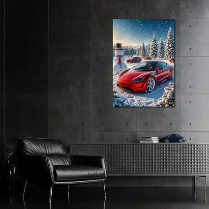 Tesla Roadster Red Car Snowy Winter Scene