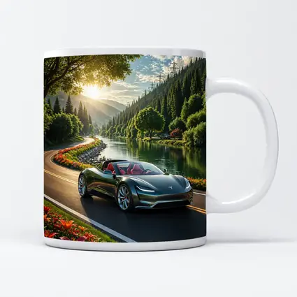 Tesla Roadster Speeding Along Scenic River Road
